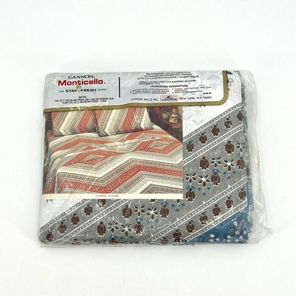 70s Cannon Monticello 'Katrina' FULL FLAT Sized Top Sheet Chevron Floral RARE! - Picture 2 of 10
